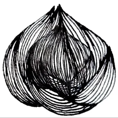 Bold black ink drawing of a bulb shape made of curved strokes