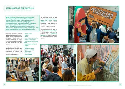 Outcomes of the pavilion, opposite a photo of the #YouthLead wall