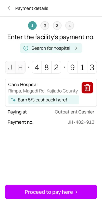 Enter the facility's payment number JH·482·913; Cana Hospital, Outpatient Cashier and a 5% cashback rate are shown to confirm