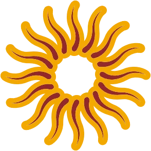 Mandala detail: a gold and maroon sun ring of wavy rays