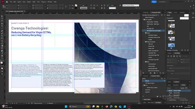 The Cwenga Technologies spread open in Adobe InDesign, with guides and the layers panel visible