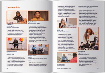 The booklet open on testimonials