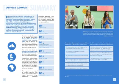 Executive summary on a blue page, with a day-by-day list of the pavilion's themes and a photo of a panel