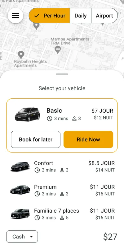 CarNayo passenger app: choosing a ride type on the map