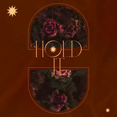 Poster in rust brown: 'Hold it' set inside an arch of dark roses
