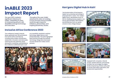 Pages 26–27: the inABLE 2023 Impact Report opener, with a conference photo and photos of the Kangaru Digital Hub