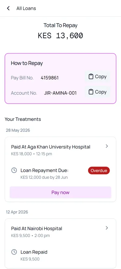 All loans with total to repay, Paybill number and account number with copy buttons