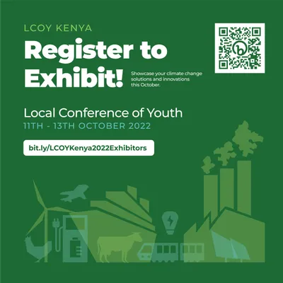 LCOY Kenya ‘Register to Exhibit!’ poster on dark green