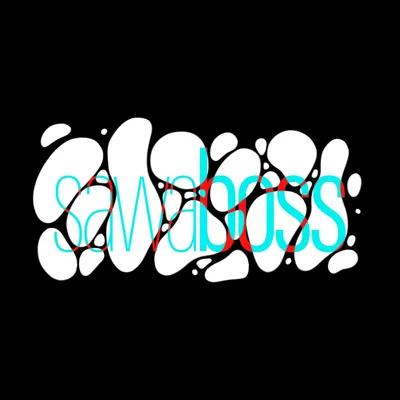'Sawa boss' in bubbly white graffiti-style lettering with turquoise outlines on black