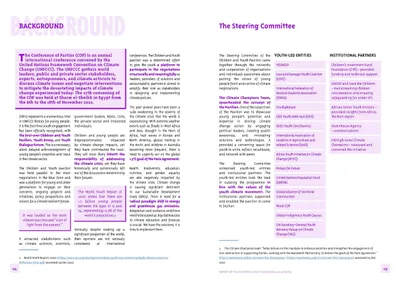Background, with a pull-quote in a pink panel, and the steering committee listed by youth-led and institutional partners