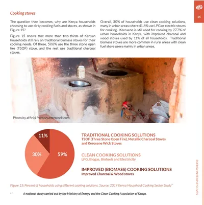 Cooking stoves: a photo of a traditional stove and a pie chart of cooking solution types