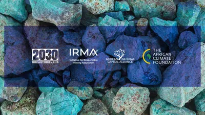 Back cover: a field of turquoise mineral rocks with the partner logos