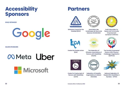 Pages 32–33: accessibility sponsors (Google, Meta, Uber, Microsoft) and partner logos