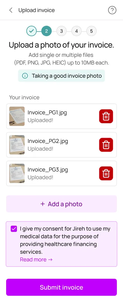 Upload invoice: three uploaded invoice pages, an Add a photo button and a consent checkbox for Jireh to use medical data