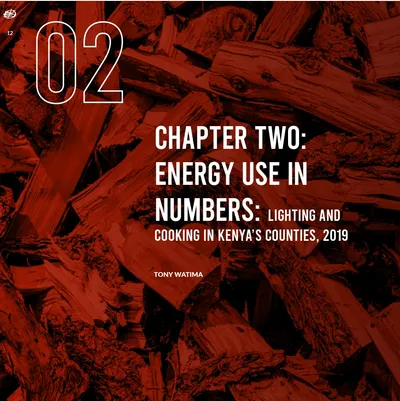 Chapter two opener, 'Energy use in numbers: lighting and cooking in Kenya's counties, 2019', in outlined numerals and condensed capitals over a red-tinted photo