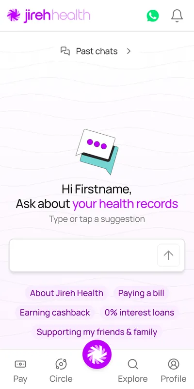Ask Jireh: a greeting that invites questions about your health records, a message box, suggested topics such as paying a bill and 0% interest loans, and a link to past chats