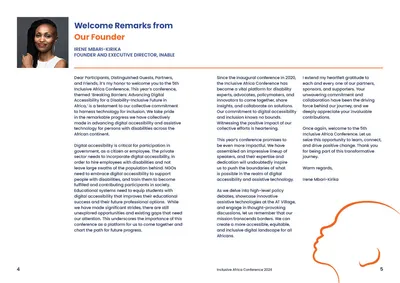 Pages 4–5: welcome remarks from the founder, set in three columns with a line-drawn portrait motif in orange