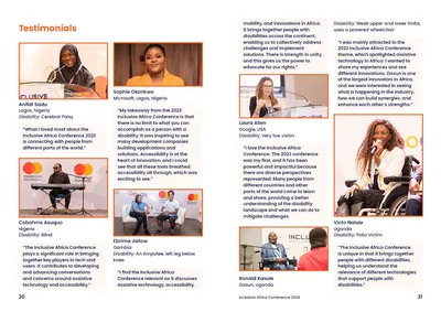Pages 30–31: attendee testimonials, each with a portrait, name, country and quote