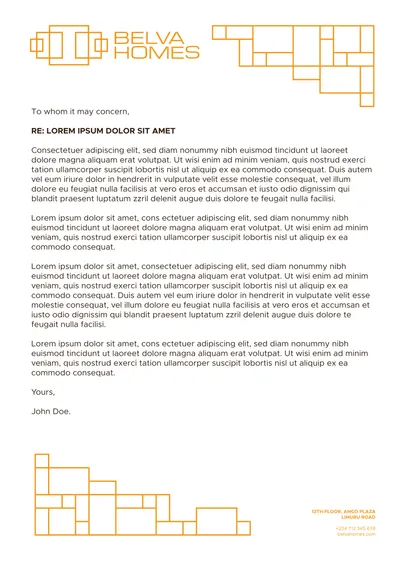 Belva Homes letterhead with the gold line logo